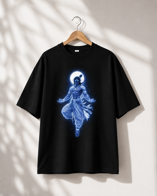 Divine Krishna Cosmic Glow Graphic Print Unisex Oversized T-Shirt (100% Cotton, 180 GSM)